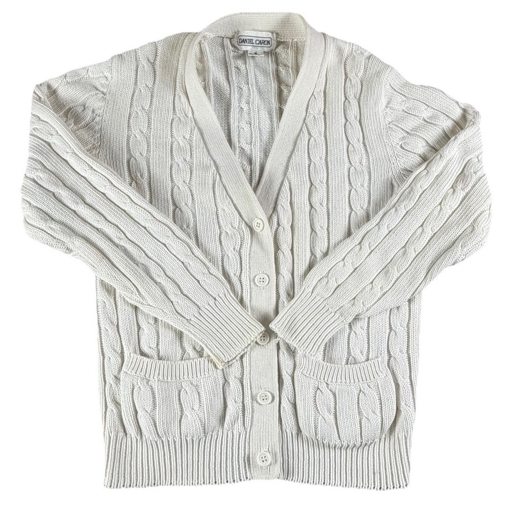 Daniel Caron Cable Knit Cardigan Sweater White Cotton Women's Small